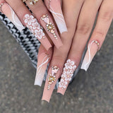 Zjkrl - 24Pcs Full Cover False Nails Red Rhinestone Planet Long Ballerina Coffin Nail Tips Detachable Fake Nails Press on Nails Manicure
