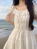 Zjkrl - Korean Design Sweet Lace Mini Dress Female Causal Beach Style Pure Color Dress Elegant Office Lady Ruffles Dress 2023 Summer
