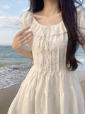 Zjkrl - Korean Design Sweet Lace Mini Dress Female Causal Beach Style Pure Color Dress Elegant Office Lady Ruffles Dress 2023 Summer
