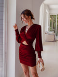 Zjkrl Sexy deep v neck bodycon dress Party club hollow out mini dress Elegant winter autumn chic lantern sleeve satin dress
