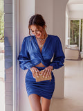 Zjkrl Sexy deep v neck bodycon dress Party club hollow out mini dress Elegant winter autumn chic lantern sleeve satin dress