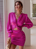 Zjkrl Sexy deep v neck bodycon dress Party club hollow out mini dress Elegant winter autumn chic lantern sleeve satin dress