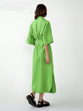 Zjkrl - Cotton Linen Long Wrap Summer Dresses Woman Belt Lace Up Notched Office Women Dress A-Line Elegant Slit Dress Robe Femme