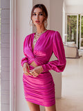 Zjkrl Sexy deep v neck bodycon dress Party club hollow out mini dress Elegant winter autumn chic lantern sleeve satin dress