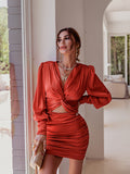Zjkrl Sexy deep v neck bodycon dress Party club hollow out mini dress Elegant winter autumn chic lantern sleeve satin dress