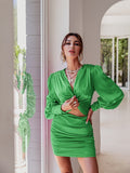 Zjkrl Sexy deep v neck bodycon dress Party club hollow out mini dress Elegant winter autumn chic lantern sleeve satin dress