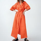 Zjkrl - Cotton Linen Long Wrap Summer Dresses Woman Belt Lace Up Notched Office Women Dress A-Line Elegant Slit Dress Robe Femme