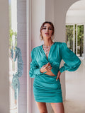 Zjkrl Sexy deep v neck bodycon dress Party club hollow out mini dress Elegant winter autumn chic lantern sleeve satin dress