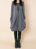 Zjkrl - Original Loose Pleated 4 Colors Round-Neck Long Sleeves Short Dress