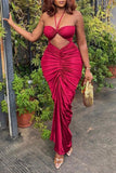 Zjkrl - Red Elegant Vacation Solid Fold Halter Long Dress Dresses