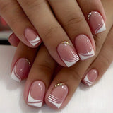 Zjkrl - 24pcs Pink Press On Nails Short Square Fake Nails Glossy Full Cover Rhinestone False Nails With French White Edge Design For Women Girls