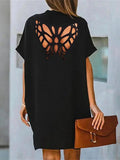Zjkrl - Loose Short Sleeves Butterfly Hollow Solid Color V-Neck Mini Dresses