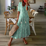 Zjkrl - Women'S Half Sleeve Floral Print  V Neck Casual Geometric Maxi Dress