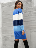 Zjkrl - Casual Long Sleeves Contrast Color Round-Neck Sweater Dresses