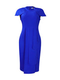 Zjkrl - Short Sleeves Skinny Pleated Solid Color Split-Back Split-Front Split-Joint Round-Neck Midi Dresses