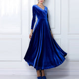 Zjkrl - Elegant Solid Long Sleeved V-neck Velvet Maxi Dresses