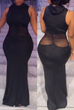 Zjkrl - Blue Sexy Daily Party Elegant Simplicity Patchwork See-through Mesh Half A Turtleneck Sleeveless Dress Dresses