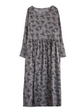 Zjkrl - Artistic Retro Long Sleeves Loose Floral Printed Round-Neck Midi Dresses
