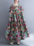 Zjkrl - Vintage Loose Multi-Colored Floral Printed Midi Dress