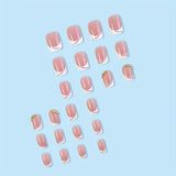 Zjkrl - 24pcs Pink Press On Nails Short Square Fake Nails Glossy Full Cover Rhinestone False Nails With French White Edge Design For Women Girls
