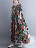 Zjkrl - Vintage Loose Multi-Colored Floral Printed Midi Dress