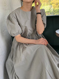 Zjkrl - Original Loose Solid Color Pleated Puff Sleeves Midi Dress