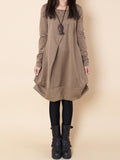 Zjkrl - Original Loose Pleated 4 Colors Round-Neck Long Sleeves Short Dress