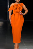 Zjkrl - Orange Elegant Solid Patchwork Appliques Oblique Collar Dresses