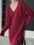 Zjkrl - Simple Loose Long Sleeves Solid Color V-Neck Sweater Dresses