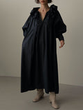 Zjkrl - Loose Puff Sleeves Pleated Solid Color Split-Joint Tiered V-Neck Midi Dresses