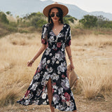 Zjkrl - Summer Sexy Floral Print Dress Women Casual High Waist V-Neck Dress Women Split A-Line Dress Vestidos Femme Dress Outwear