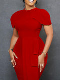 Zjkrl - Short Sleeves Skinny Pleated Solid Color Split-Back Split-Front Split-Joint Round-Neck Midi Dresses