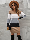 Zjkrl - Casual Long Sleeves Contrast Color Round-Neck Sweater Dresses