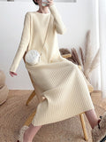 Zjkrl - Urban Long Sleeves Solid Color Round-Neck Sweater Dresses