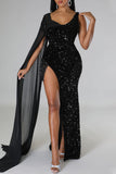 Zjkrl - Black Sexy Solid Tassel Sequins Patchwork Slit V Neck Evening Dress Dresses