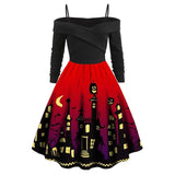 Women‘s Halloween Dress Retro 1950s Vintage Dress Midi Dress Party Ruched Ruffle Pumpkin Spaghetti Strap Long Sleeve Regular Fit Fall Winter 2023 Black Red S M L XL