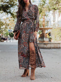 Women's Casual Dress Ethnic Dress Swing Dress Floral Paisley Split Print V Neck Long Dress Maxi Dress Vintage Ethnic Outdoor Date Long Sleeve Loose Fit Navy Blue Spring Fall S M L XL XXL