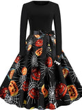 Women‘s Halloween Dress A Line Dress Knee Length Dress Black Blue Wine Long Sleeve Pumpkin Spider Print Pumpkin Bow Print Fall Winter Crew Neck Hot Vintage Slim 2023 S M L XL XXL
