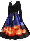 Women‘s Halloween Dress Swing Dress Knee Length Dress Black Blue Purple Yellow Orange Red Long Sleeve Abstract Pumpkin Ghost Bow Print Fall Winter V Neck Stylish Vintage 2023 S M L XL XXL 3XL