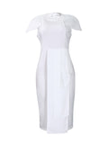 Zjkrl - Short Sleeves Skinny Pleated Solid Color Split-Back Split-Front Split-Joint Round-Neck Midi Dresses