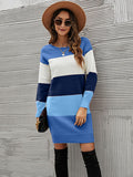 Zjkrl - Casual Long Sleeves Contrast Color Round-Neck Sweater Dresses