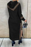 Zjkrl - Black Casual Print Patchwork Slit Hooded Collar Long Sleeve Dresses