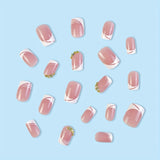 Zjkrl - 24pcs Pink Press On Nails Short Square Fake Nails Glossy Full Cover Rhinestone False Nails With French White Edge Design For Women Girls