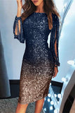 Zjkrl - Black Elegant Print Sequins O Neck Pencil Skirt Dresses