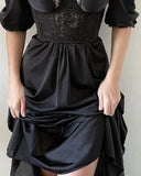 Zjkrl Contrast Lace Puff Sleeve Party Dress