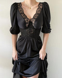 Zjkrl Contrast Lace Puff Sleeve Party Dress