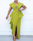 Plus Size Contrast Mesh Split Prom Dress With Belt