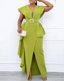 Plus Size Contrast Mesh Split Prom Dress With Belt