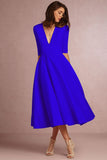 Zjkrl - New Sexy Deep V Mid Sleeve Dress Midi Dress Skater Dresses