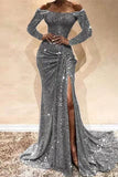 Zjkrl - Deep Blue Sexy Formal Solid Patchwork Slit Off the Shoulder Evening Dress Dresses